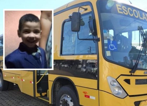Montagem com imagem da criança Efrain José Silva e Silva e um ônibus escolar.