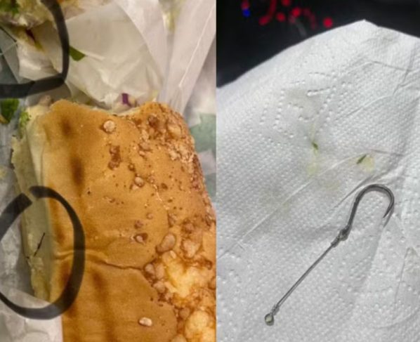 Cliente diz ter encontrado um anzol e uma linha de pesca dentro do lanche. (Foto: Reprodução)