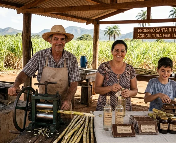 Foto de uma família de agricultores sorridentes — um homem com chapéu de palha e avental, uma mulher e um menino — em um engenho rústico sob um galpão de madeira. Sobre a mesa à frente, estão expostos produtos artesanais de cana-de-açúcar, como garrafas de cachaça, blocos de rapadura, potes de melado e copos de caldo de cana, tendo ao fundo um vasto canavial.