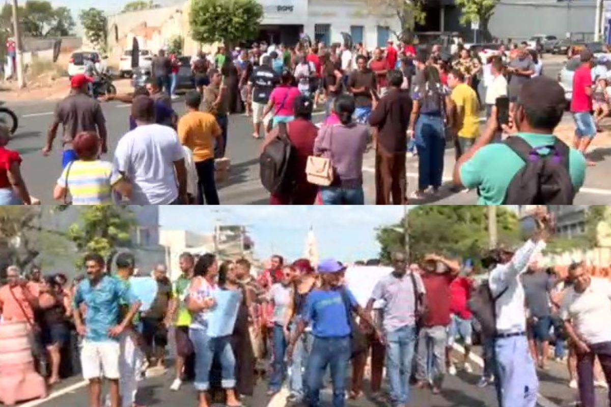 Grupo de pescadores participa de protesto em frente à Superintendência do Trabalho, em Cuiabá, cobrando o pagamento do seguro-defeso. - Foto: TVCA
