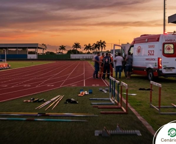 Foto de ambulância do samu estacionada ao lado de pista de corrida