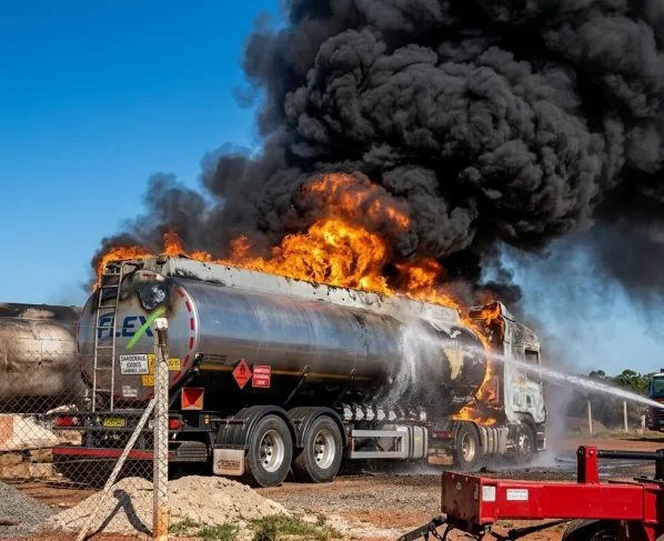 Caminhão-tanque pegando fogo enquanto bombeiros combatem as chamas