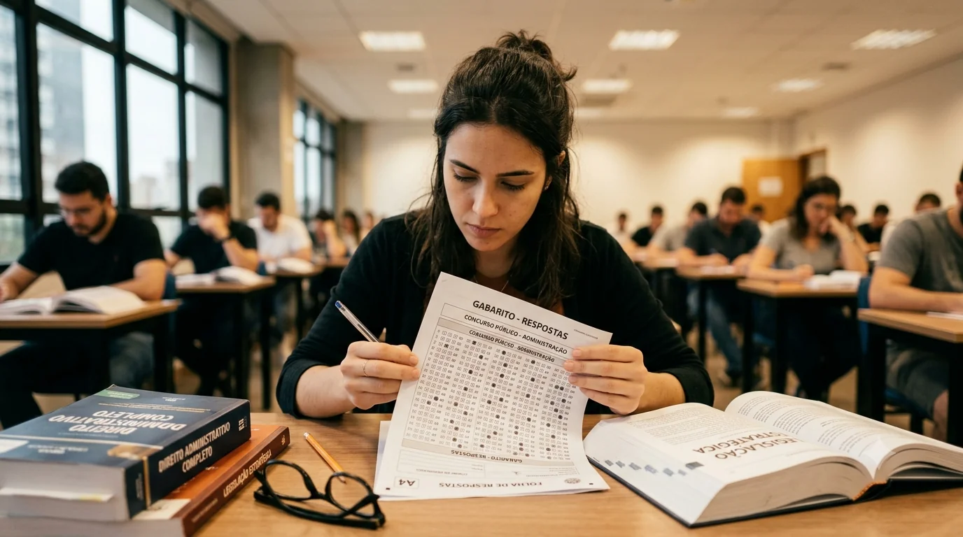 Candidata focada preenchendo o cartão de respostas de um concurso público com caneta em sala de aula, cercada por livros de estudo e óculos sobre a mesa.
