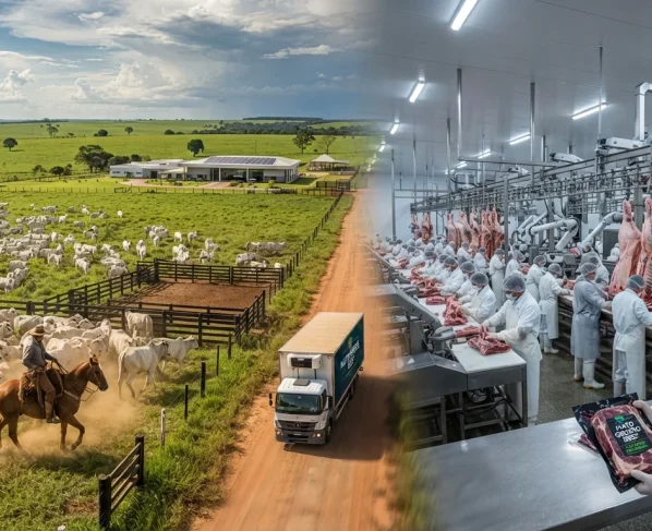 Metade da imagem é um campo com gado sendo guiado por um peão, a outra metade é o interior de um frigorífico