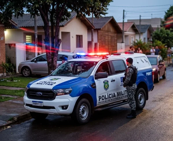 Policial militar parado ao lado de viatura