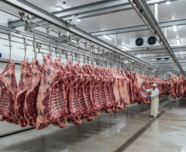 frigorífico com carnes penduradas