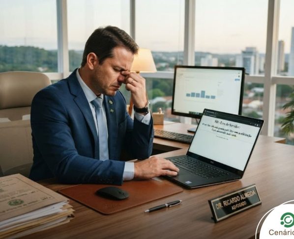 Advogado estressado com sistema no computador