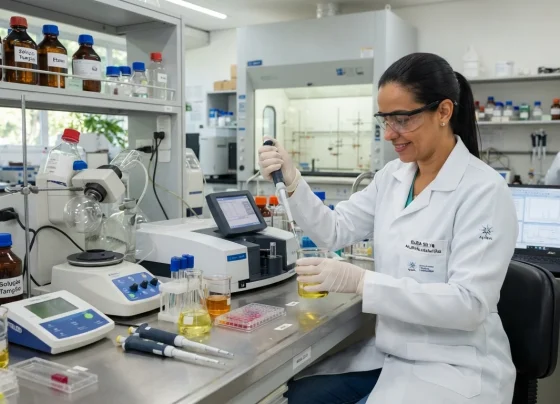 Analista de laboratório com jaleco e óculos de proteção realizando testes químicos em bancada com equipamentos modernos