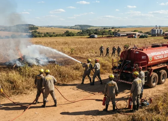 Trabalhadores rurais em treinamento de combate a incêndio com equipamentos e caminhão-pipa em fazenda de Mato Grosso
