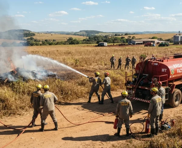 Trabalhadores rurais em treinamento de combate a incêndio com equipamentos e caminhão-pipa em fazenda de Mato Grosso