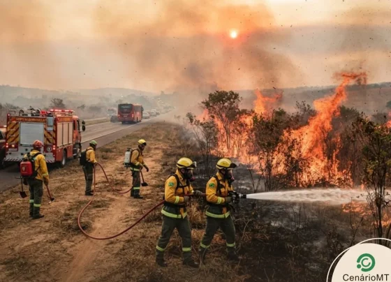 Bombeiros combatendo incêndio em vegetação ao lado de rodovia