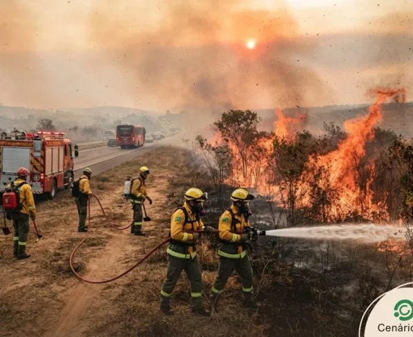 Bombeiros combatendo incêndio em vegetação ao lado de rodovia