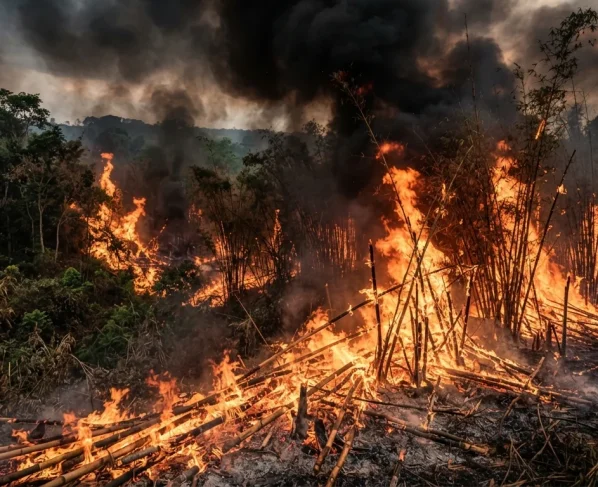 incêndio em plantação de bambu com fumaça e vegetação às margens