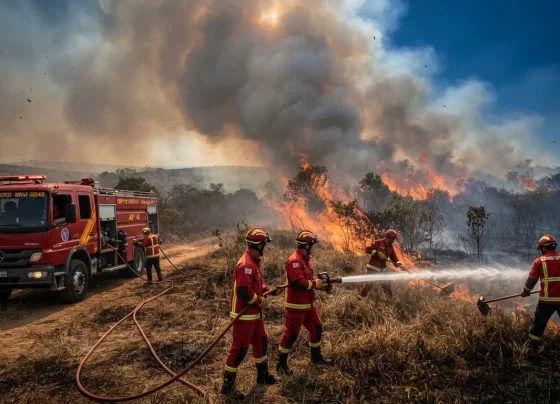 Bombeiros militares em combate a incêndio florestal com cortina de fumaça e caminhão ABT em área de vegetação