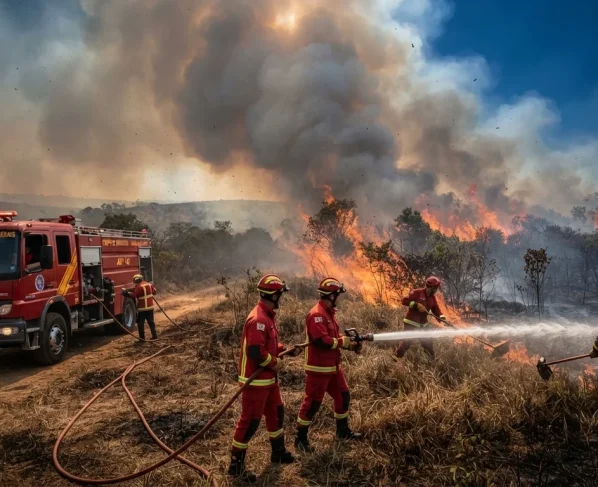 Bombeiros militares em combate a incêndio florestal com cortina de fumaça e caminhão ABT em área de vegetação