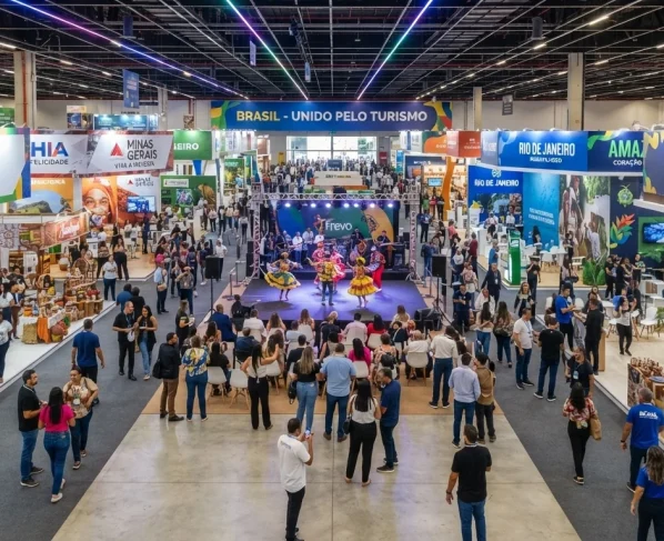 Feira de turismo estruturada com estandes institucionais, apresentações culturais e público circulando em pavilhão amplo