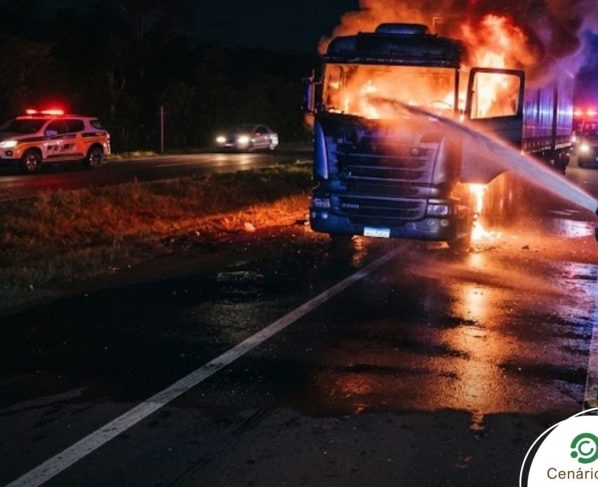Bombeiros apagando fogo em cabine de carreta