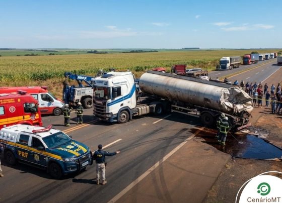 Caminhão tanque acidentado em rodovia de MT