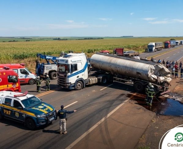 Caminhão tanque acidentado em rodovia de MT