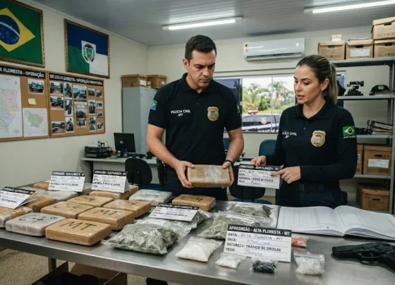 Policiais observando mesa cheia de entorpecentes