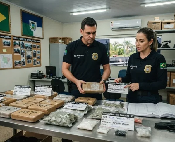 Policiais observando mesa cheia de entorpecentes