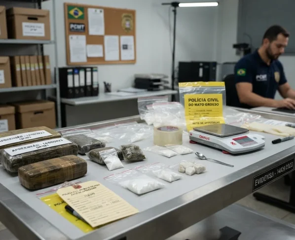 Porções de drogas ilícitas apreendidas e material de embalagem dispostos sobre mesa em delegacia