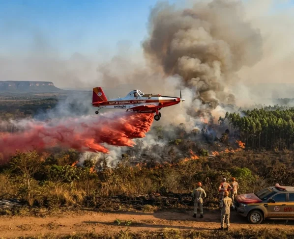 Avião do corpo de bombeiros de MT apacando incêndio em vegetação