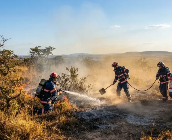 Combate a um incêndio de pequeno porte em vegetação por bombeiros militares de Mato Grosso