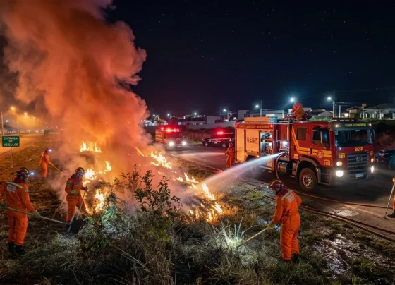 Incêndio em área de vegetação urbana durante a noite com fumaça e chamas controladas por bombeiros
