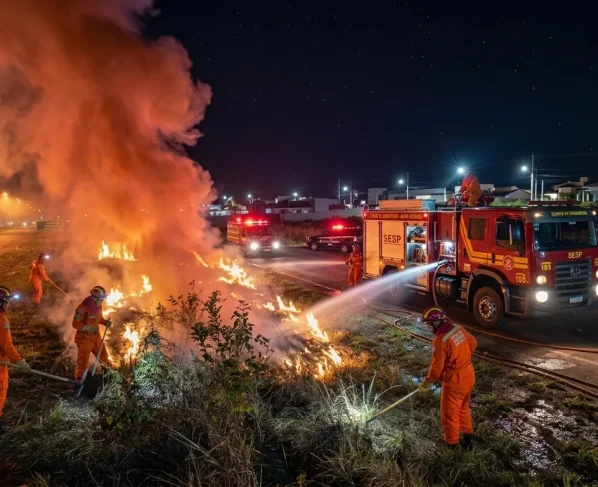 Incêndio em área de vegetação urbana durante a noite com fumaça e chamas controladas por bombeiros