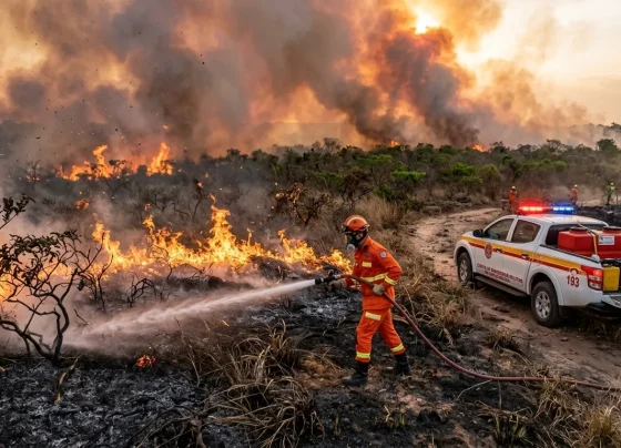 Operação de combate a incêndio florestal com bombeiro militar e viatura em área de vegetação