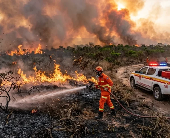 Operação de combate a incêndio florestal com bombeiro militar e viatura em área de vegetação