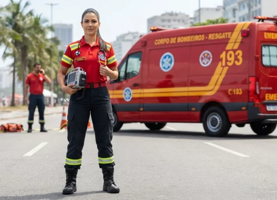 Profissional de enfermagem com farda de resgate e viatura do Corpo de Bombeiros ao fundo sob luz diurna
