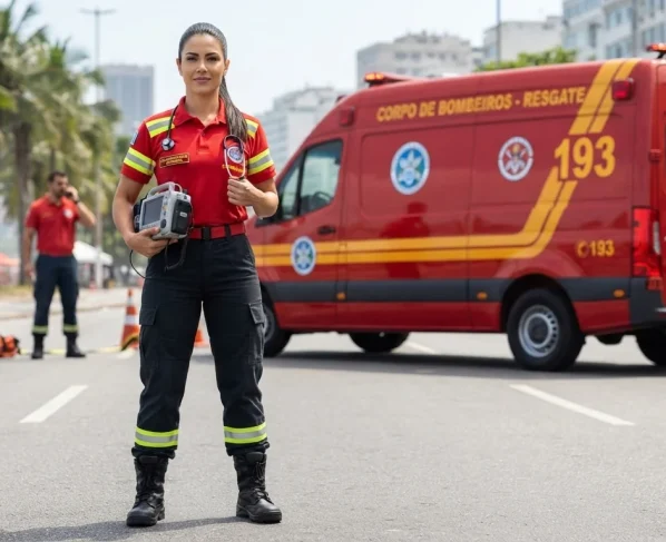 Profissional de enfermagem com farda de resgate e viatura do Corpo de Bombeiros ao fundo sob luz diurna