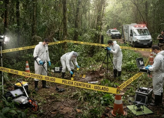 Peritos criminais em área de mata com isolamento policial e equipamentos técnicos durante atendimento de ocorrência