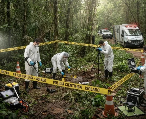 Peritos criminais em área de mata com isolamento policial e equipamentos técnicos durante atendimento de ocorrência