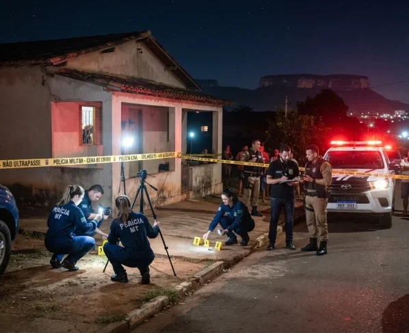 Forças de segurança e perícia isolando casa