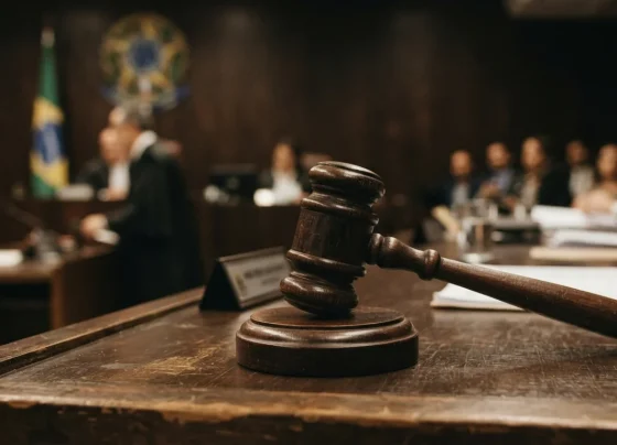 Gavel de juiz em juri brasileiro com fundo embaçado