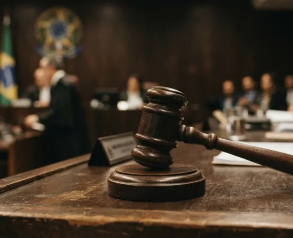 Gavel de juiz em juri brasileiro com fundo embaçado