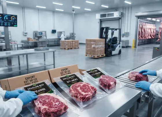 Cortes nobres de carne bovina embalados para exportação em frigorífico industrial moderno