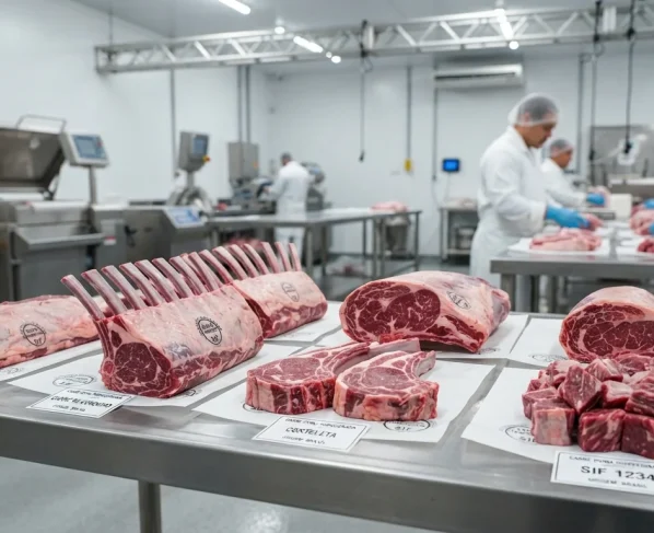 Cortes nobres de carne ovina inspecionada em ambiente de frigorífico moderno