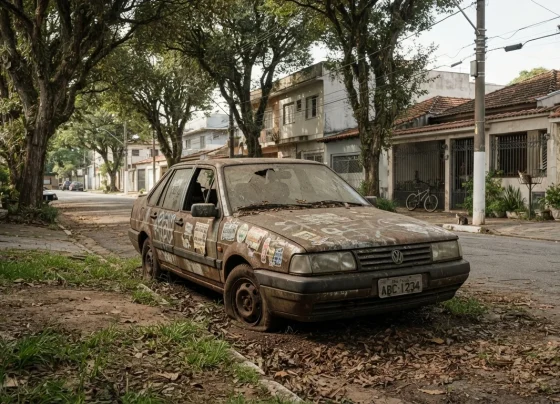 Veículo abandonado em rua de bairro residencial