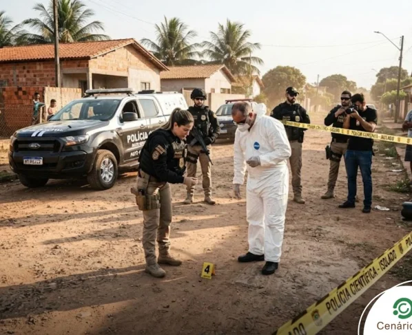Policiais e técnicos efetuando perícia em cena de crime