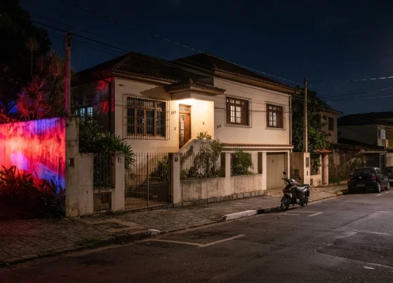 Fachada de residência urbana à noite com iluminação pública leve e rua pavimentada, luzes policiais iluminam um dos muros