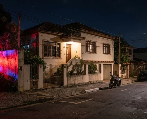 Fachada de residência urbana à noite com iluminação pública leve e rua pavimentada, luzes policiais iluminam um dos muros