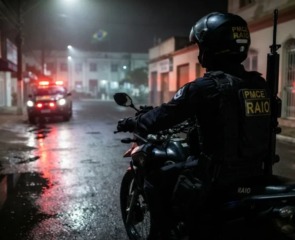 policial da raio montado na moto à noite em uma zona urbana de MT