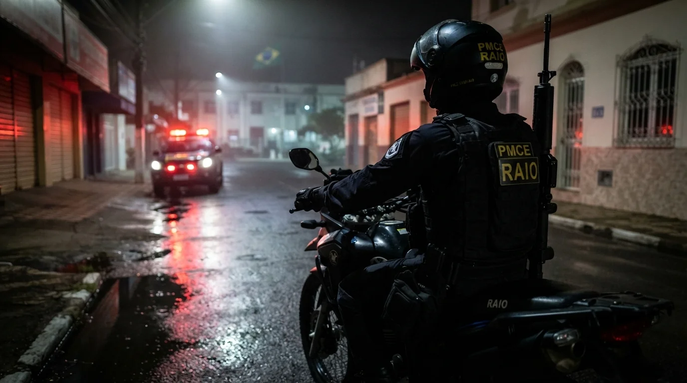 policial da raio montado na moto à noite em uma zona urbana de MT