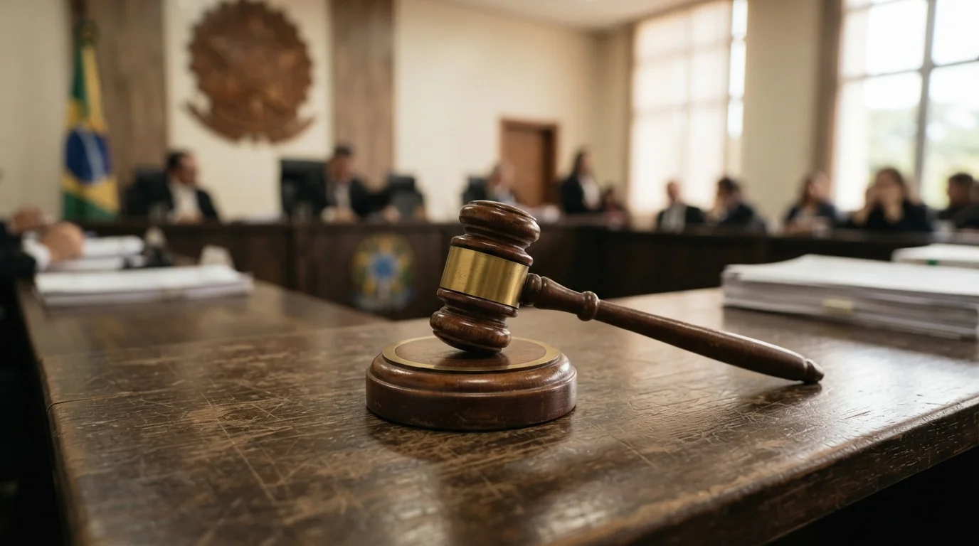 Gavel de juiz em cima de uma mesa, fundo embaçado