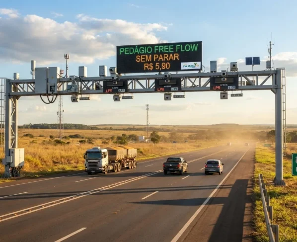 Pórtico eletrônico de pedágio Free Flow com câmeras em rodovia asfaltada em Mato Grosso