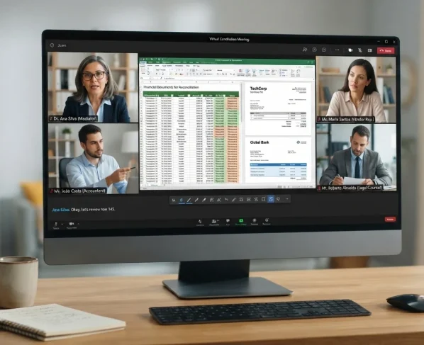 Reunião de conciliação virtual em tela de computador com documentos financeiros